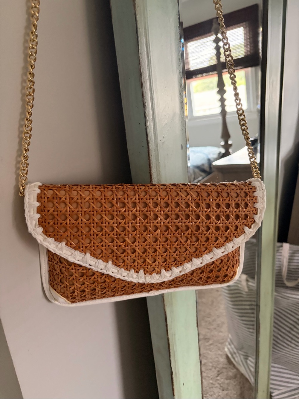 Lilly Pulitzer Woven Tan Crossbody with White Trim and Gold Chain